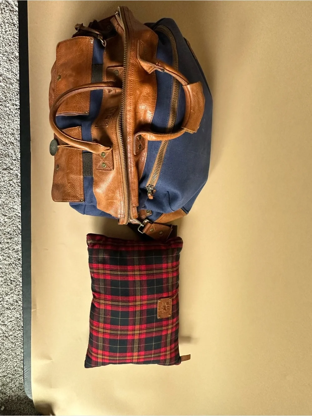 Will Leather Goods Blue Canvas Leather Duffel Bag Shoulder Strap Travel